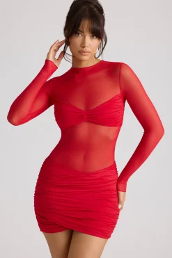 Oh Polly Night Out | Mesh Dresses^Sheer Panelled Long Sleeve Mini Dress in Fire Red FireRed