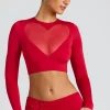 Oh Polly Co-Ords | Tops^Sheer Panelled Long Sleeve Crop Top in Fire Red FireRed