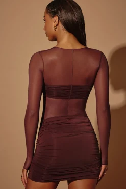 Oh Polly Mesh Dresses^Sheer Panelled Long Sleeve Mini Dress in Brown