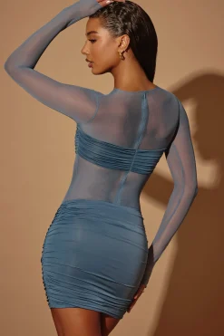 Oh Polly Mesh Dresses^Sheer Panelled Long Sleeve Mini Dress in Steel Blue SteelBlue