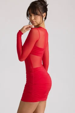 Oh Polly Night Out | Mesh Dresses^Sheer Panelled Long Sleeve Mini Dress in Fire Red FireRed