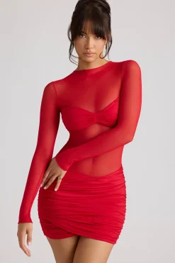 Oh Polly Night Out | Mesh Dresses^Sheer Panelled Long Sleeve Mini Dress in Fire Red FireRed