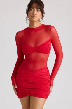 Oh Polly Night Out | Mesh Dresses^Sheer Panelled Long Sleeve Mini Dress in Fire Red FireRed