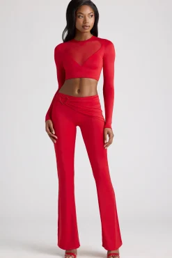 Oh Polly Co-Ords | Tops^Sheer Panelled Long Sleeve Crop Top in Fire Red FireRed