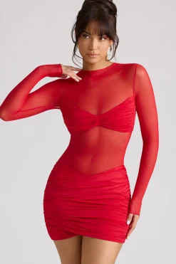 Oh Polly Night Out | Mesh Dresses^Sheer Panelled Long Sleeve Mini Dress in Fire Red FireRed