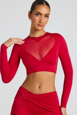 Oh Polly Co-Ords | Tops^Sheer Panelled Long Sleeve Crop Top in Fire Red FireRed