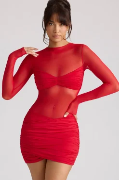 Oh Polly Night Out | Mesh Dresses^Sheer Panelled Long Sleeve Mini Dress in Fire Red FireRed