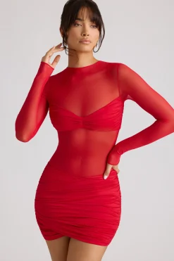 Oh Polly Night Out | Mesh Dresses^Sheer Panelled Long Sleeve Mini Dress in Fire Red FireRed