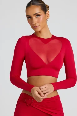 Oh Polly Co-Ords | Tops^Sheer Panelled Long Sleeve Crop Top in Fire Red FireRed