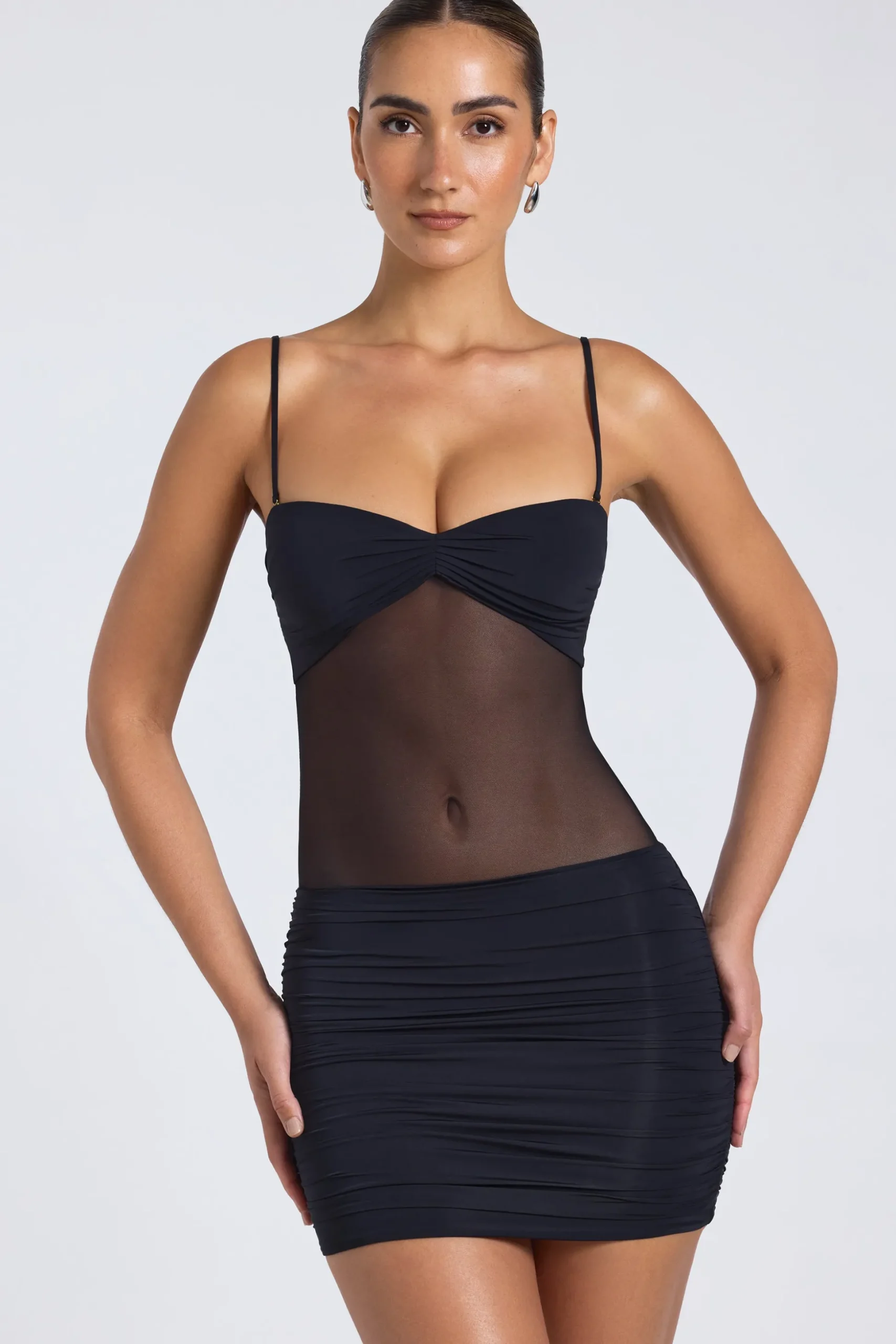 Oh Polly Women'S Clothing Sale - $65 And Under | Women'S Clothing Sale - $40 And Under^Sheer Panelled Ruched Mini Dress in Black