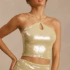 Oh Polly Women'S Clothing Sale - $65 And Under | Women'S Clothing Sale - $40 And Under^Sheer Sequin Keyhole Cut Out Halter Neck Crop Top in Pistachio