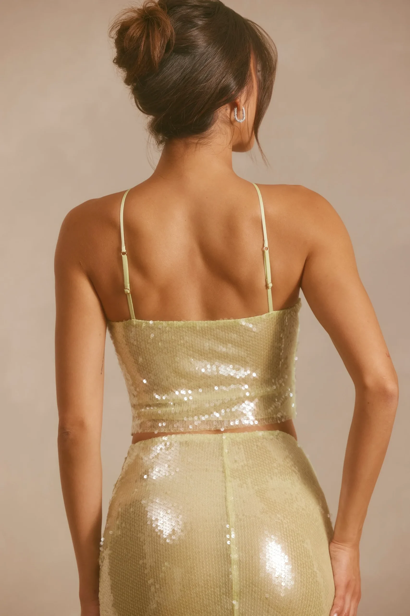 Oh Polly Women'S Clothing Sale - $65 And Under | Women'S Clothing Sale - $40 And Under^Sheer Sequin Keyhole Cut Out Halter Neck Crop Top in Pistachio