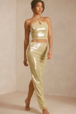Oh Polly Women'S Clothing Sale - $65 And Under | Women'S Clothing Sale - $40 And Under^Sheer Sequin Keyhole Cut Out Halter Neck Crop Top in Pistachio