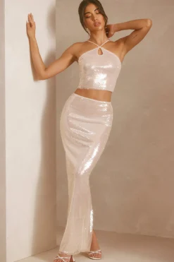 Oh Polly Women'S Clothing Sale - $65 And Under | Women'S Clothing Sale - $40 And Under^Sheer Sequin Keyhole Cut Out Halter Neck Crop Top in White