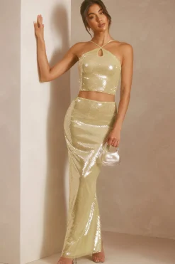Oh Polly Women'S Clothing Sale - $65 And Under | Women'S Clothing Sale - $40 And Under^Sheer Sequin Mid Rise Maxi Skirt in Pistachio
