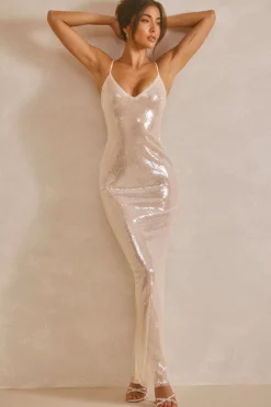 Oh Polly Party Dresses | Bride To Be^Sheer Sequin V-Neck Cut Out Back Evening Gown in White