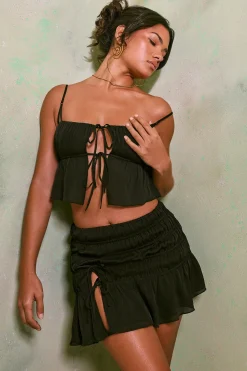 Oh Polly Women'S Clothing Sale - $65 And Under | Women'S Clothing Sale - $40 And Under^Shirred Thigh High Split Mid Rise Mini Skirt in Black