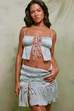 Oh Polly Women'S Clothing Sale - $65 And Under | Women'S Clothing Sale - $40 And Under^Shirred Tie Up Front Crop Top in Pastel Green PastelGreen