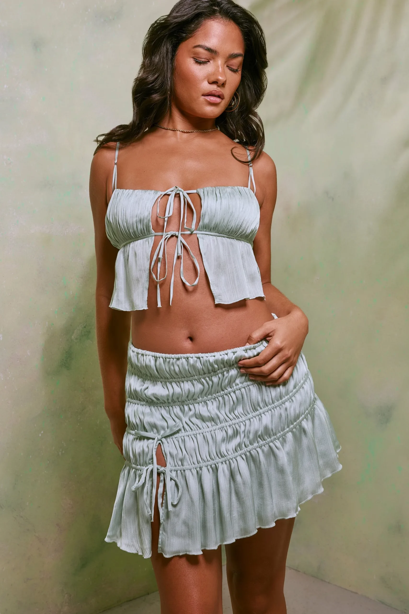 Oh Polly Women'S Clothing Sale - $65 And Under | Women'S Clothing Sale - $40 And Under^Shirred Tie Up Front Crop Top in Pastel Green PastelGreen
