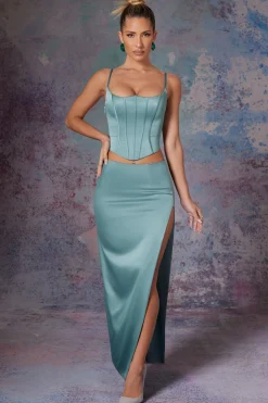 Oh Polly Women'S Clothing Sale - $65 And Under | Women'S Clothing Sale - $40 And Under^Side Split Satin Maxi Skirt in Light Teal LightTeal