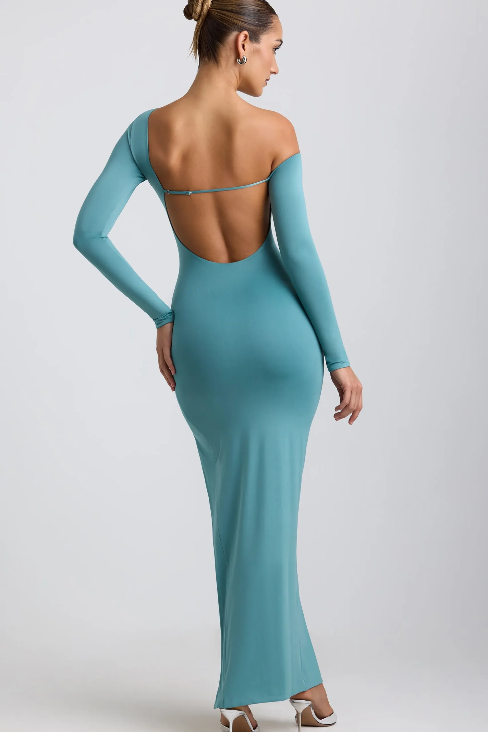 Oh Polly Women'S Clothing Sale - $65 And Under | Wedding Guest^Slinky Jersey Asymmetric Ruched Hardware Detail Maxi Dress in Sea Green SeaGreen