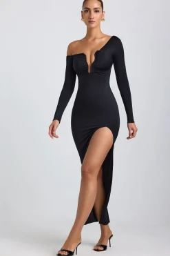 Oh Polly Night Out^Slinky Jersey Asymmetric Ruched Hardware Detail Maxi Dress in Black