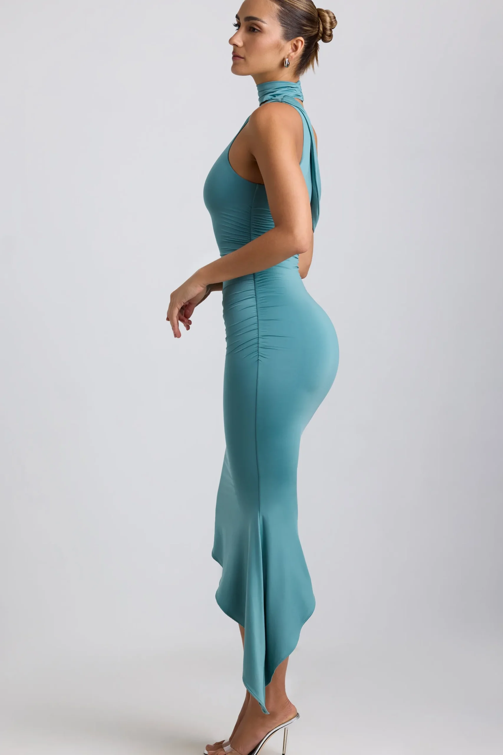 Oh Polly Wedding Guest^Slinky Jersey Asymmetric Cowl-Neck Midaxi Dress in Sea Green SeaGreen