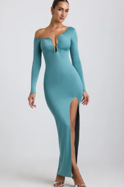 Oh Polly Women'S Clothing Sale - $65 And Under | Wedding Guest^Slinky Jersey Asymmetric Ruched Hardware Detail Maxi Dress in Sea Green SeaGreen