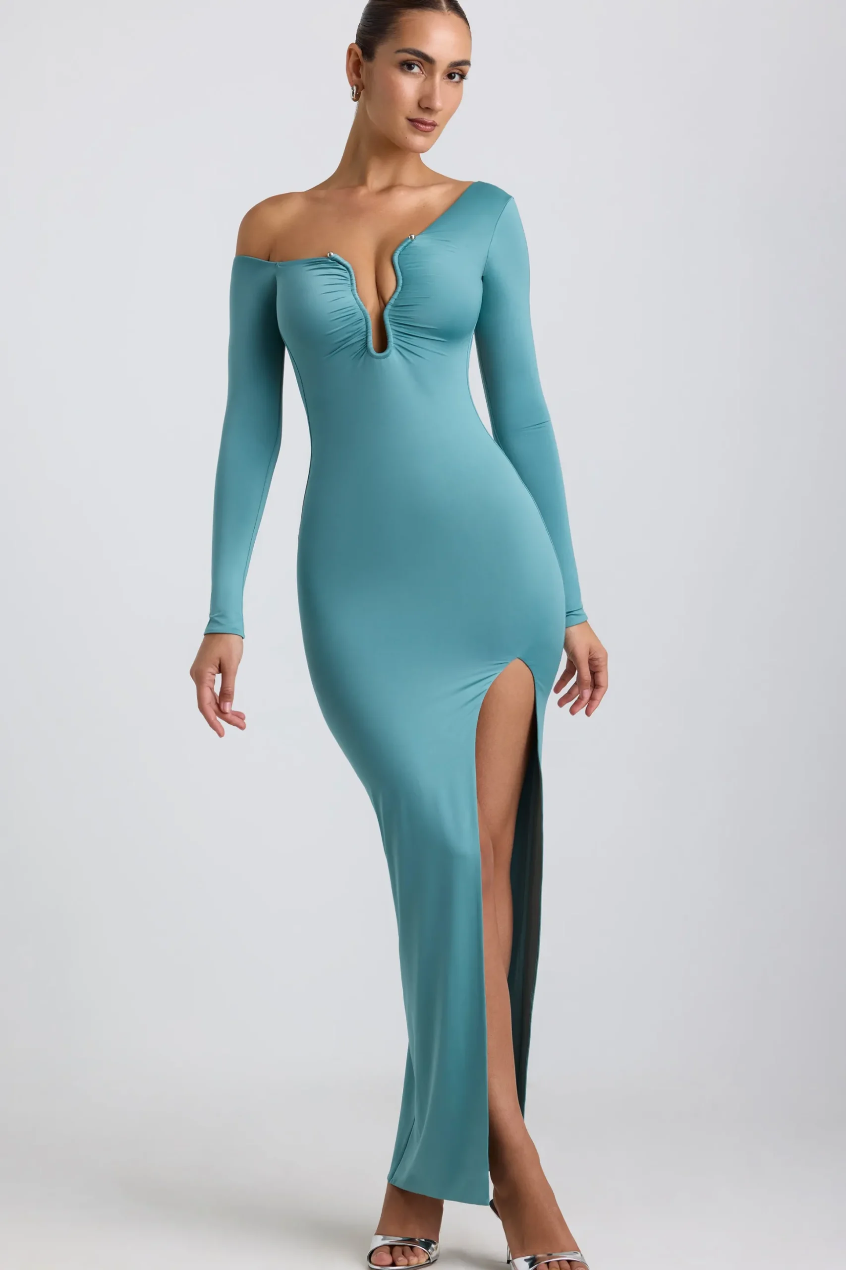 Oh Polly Women'S Clothing Sale - $65 And Under | Wedding Guest^Slinky Jersey Asymmetric Ruched Hardware Detail Maxi Dress in Sea Green SeaGreen