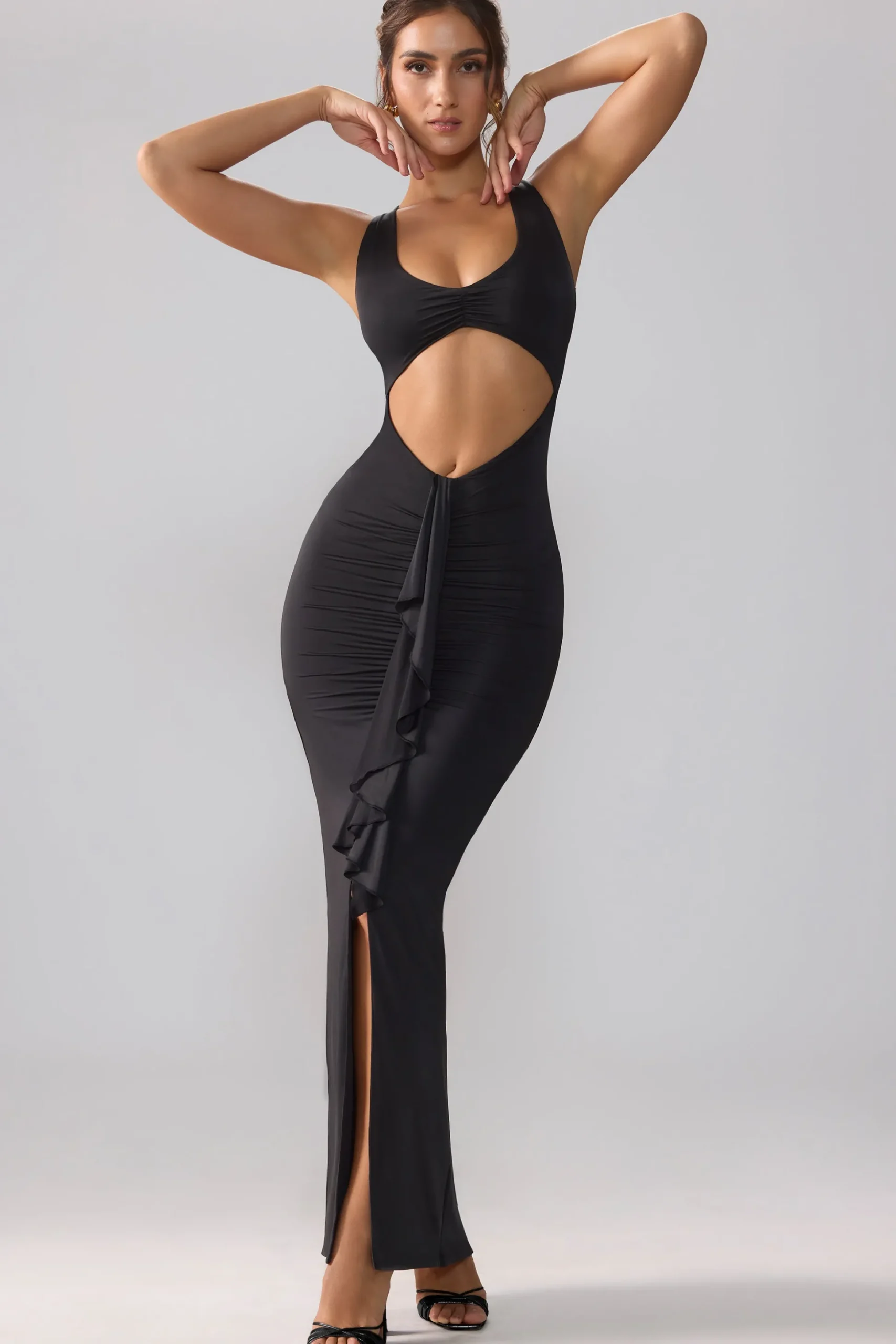 Oh Polly Party Dresses | Birthday^Slinky Jersey Cut Out Ruffle Racerback Maxi Dress in Black