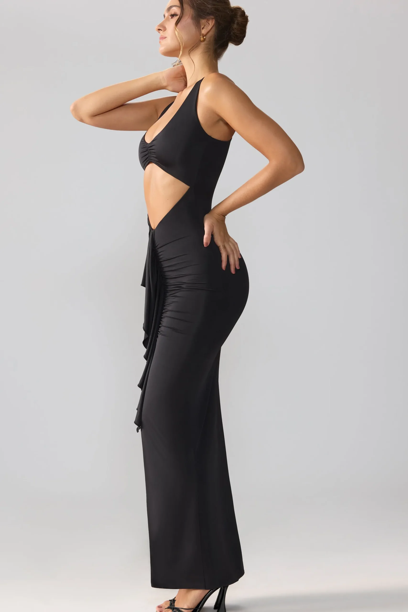 Oh Polly Party Dresses | Birthday^Slinky Jersey Cut Out Ruffle Racerback Maxi Dress in Black