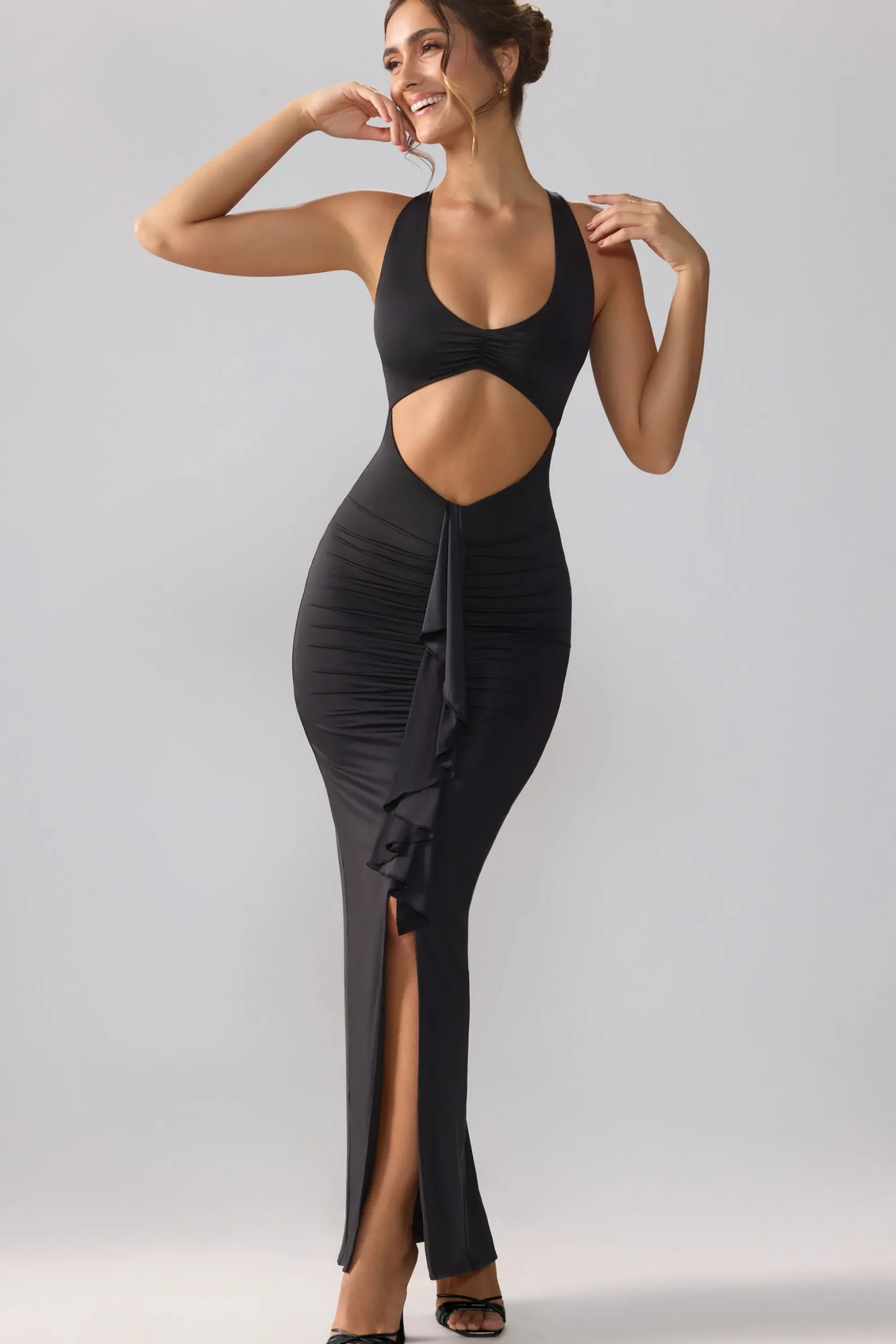 Oh Polly Party Dresses | Birthday^Slinky Jersey Cut Out Ruffle Racerback Maxi Dress in Black