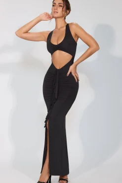 Oh Polly Party Dresses | Birthday^Slinky Jersey Cut Out Ruffle Racerback Maxi Dress in Black