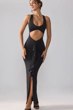 Oh Polly Party Dresses | Birthday^Slinky Jersey Cut Out Ruffle Racerback Maxi Dress in Black