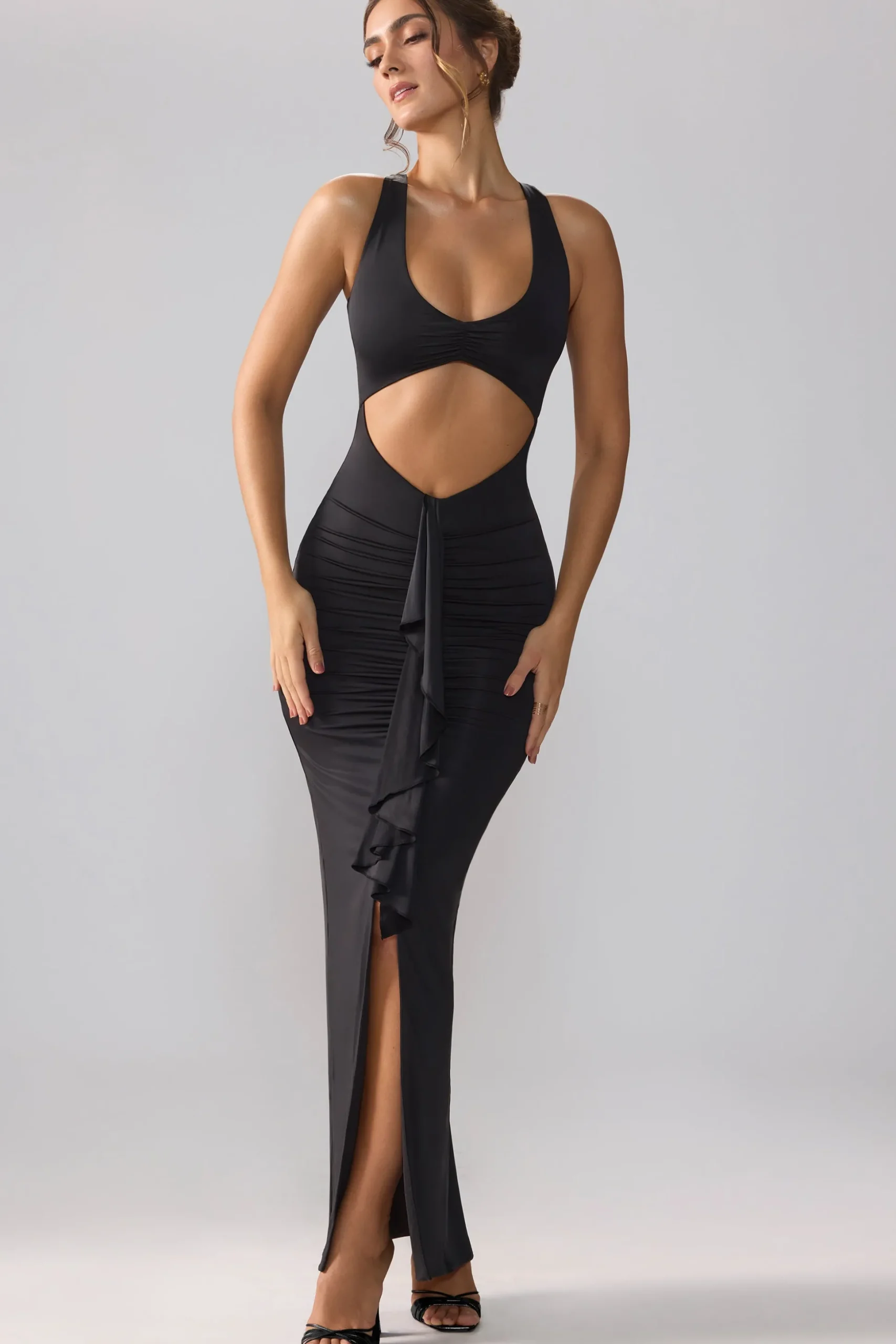 Oh Polly Party Dresses | Birthday^Slinky Jersey Cut Out Ruffle Racerback Maxi Dress in Black