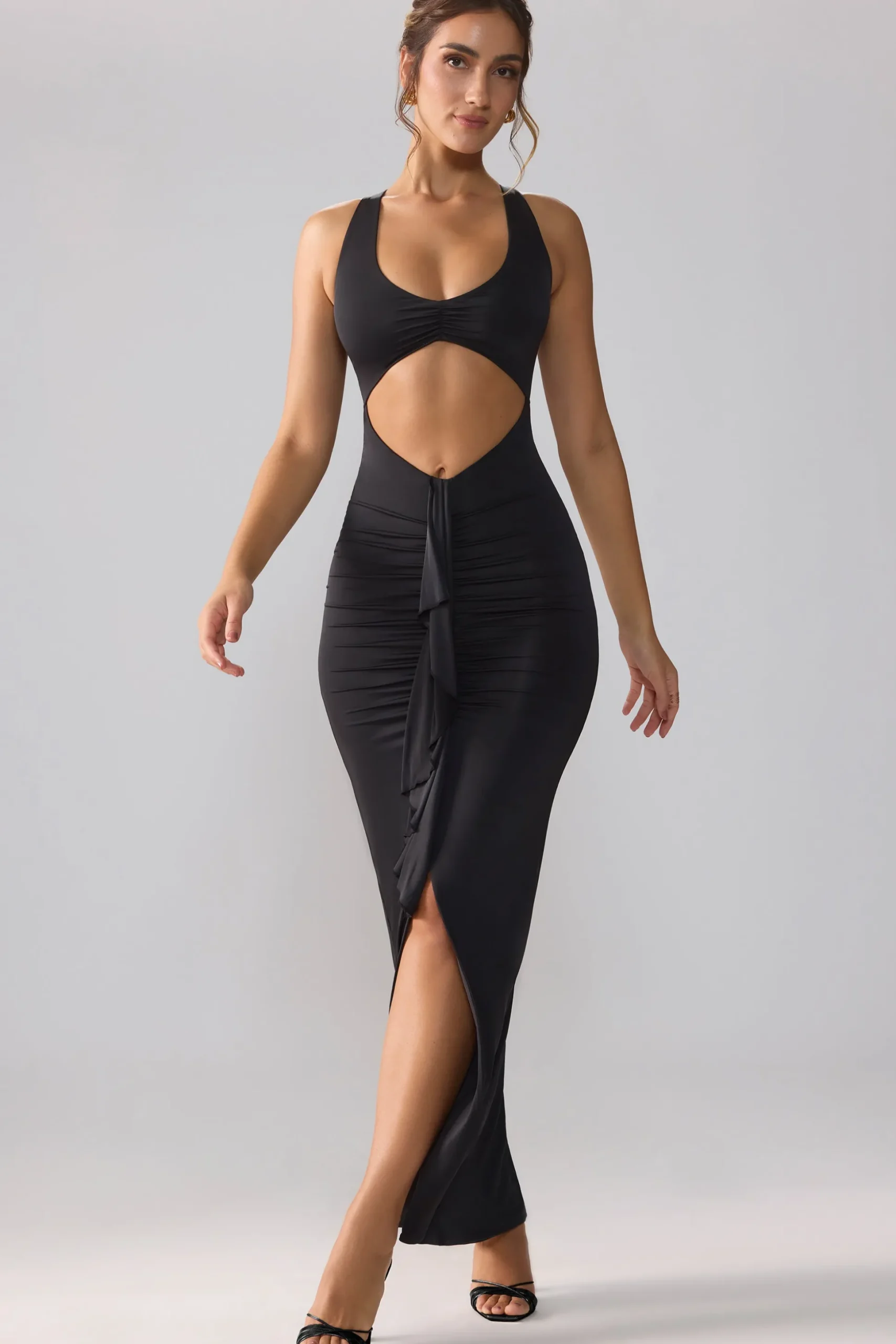 Oh Polly Party Dresses | Birthday^Slinky Jersey Cut Out Ruffle Racerback Maxi Dress in Black