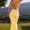 Oh Polly Wedding Guest^Slinky Jersey Floral-Appliqué Gown in Pastel Yellow PastelYellow