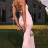 Oh Polly Wedding Guest^Slinky Jersey Floral-Appliqué Gown in Blush