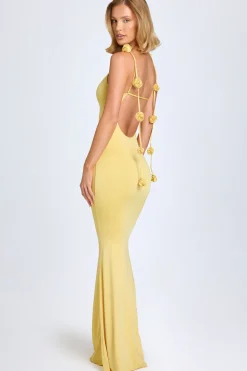 Oh Polly Wedding Guest^Slinky Jersey Floral-Appliqué Gown in Pastel Yellow PastelYellow