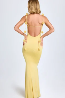 Oh Polly Wedding Guest^Slinky Jersey Floral-Appliqué Gown in Pastel Yellow PastelYellow