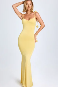 Oh Polly Wedding Guest^Slinky Jersey Floral-Appliqué Gown in Pastel Yellow PastelYellow