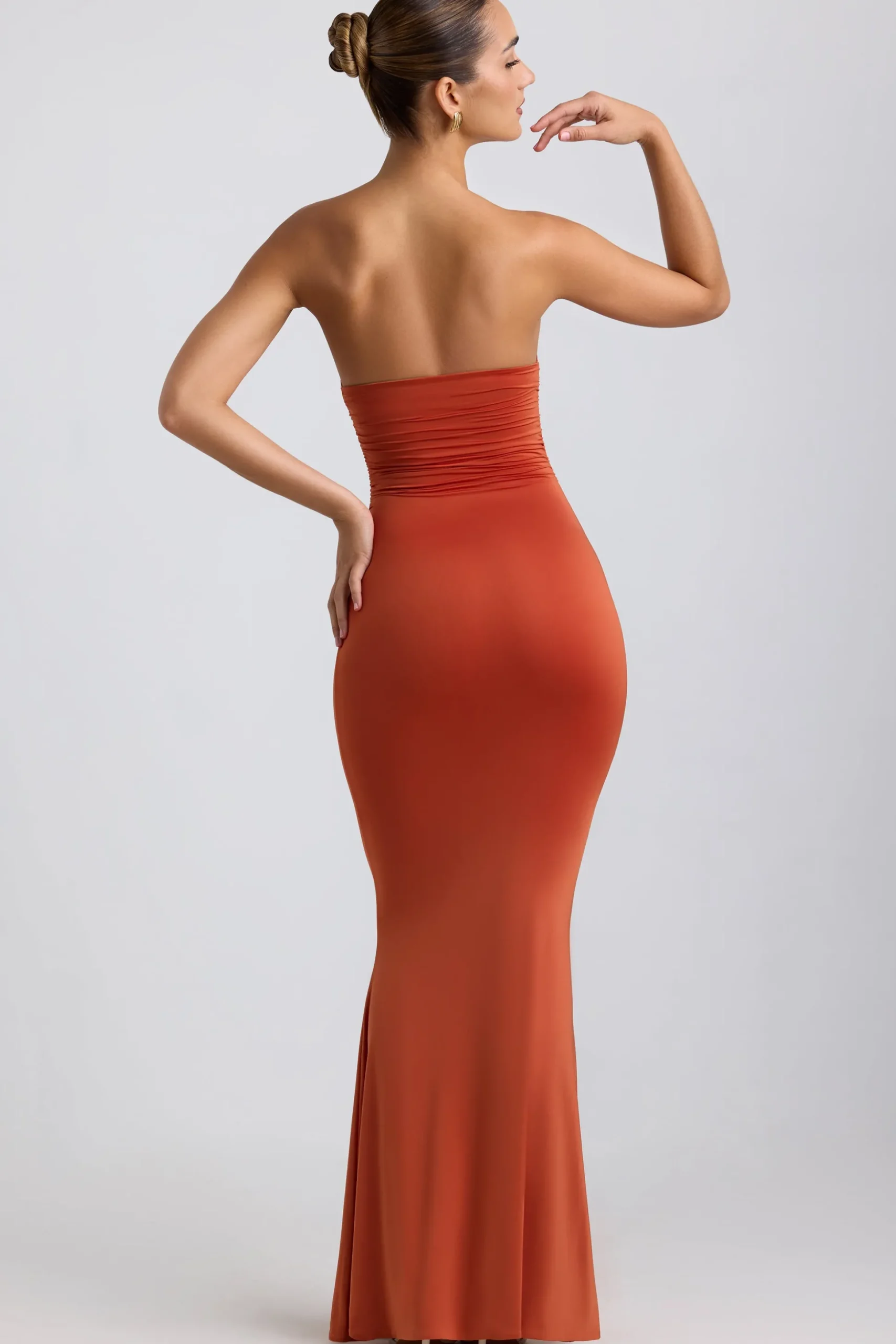 Oh Polly Wedding Guest^Slinky Jersey Hardware Detail Strapless Maxi Dress in Burnt Orange BurntOrange