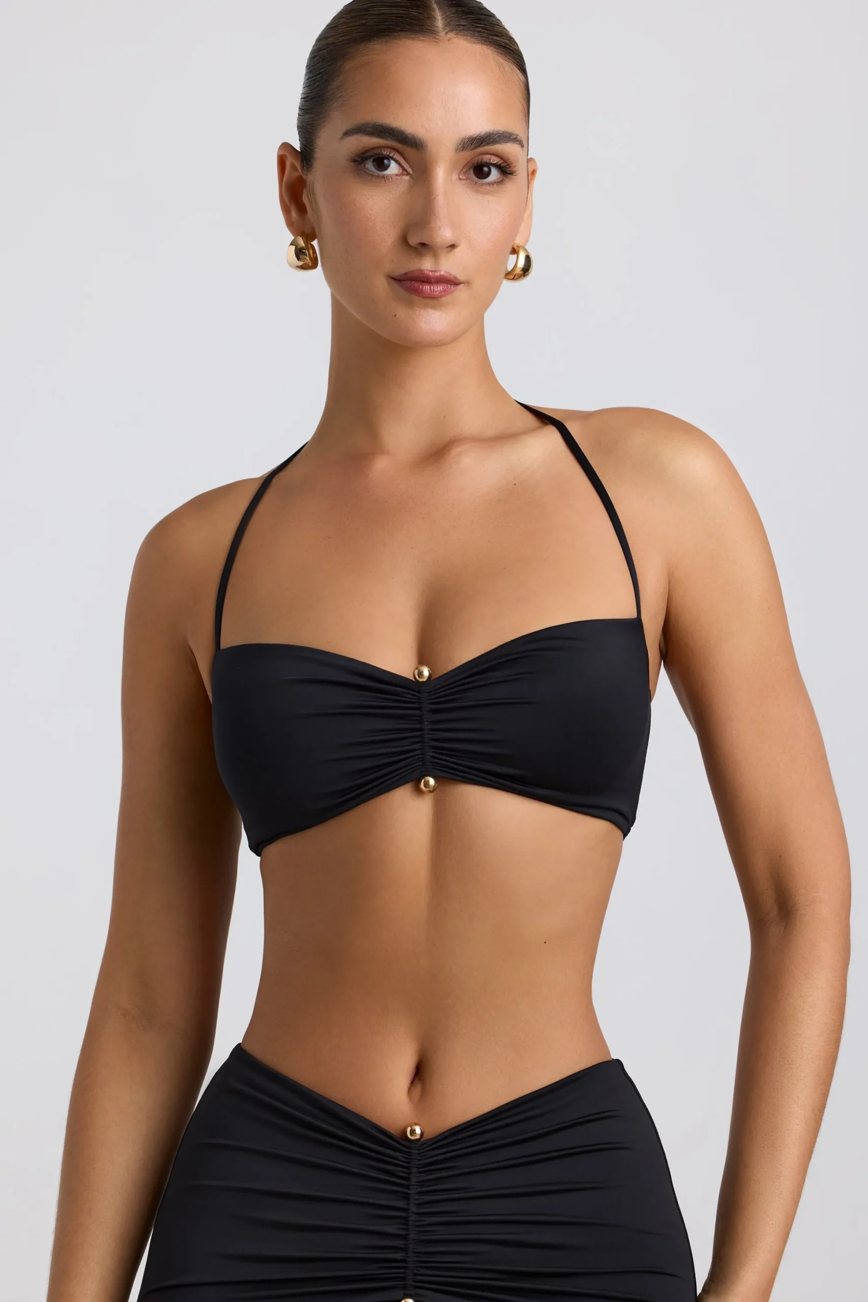 Oh Polly Co-Ords | Tops^Slinky Jersey Hardware Detail Halterneck Bralette in Black