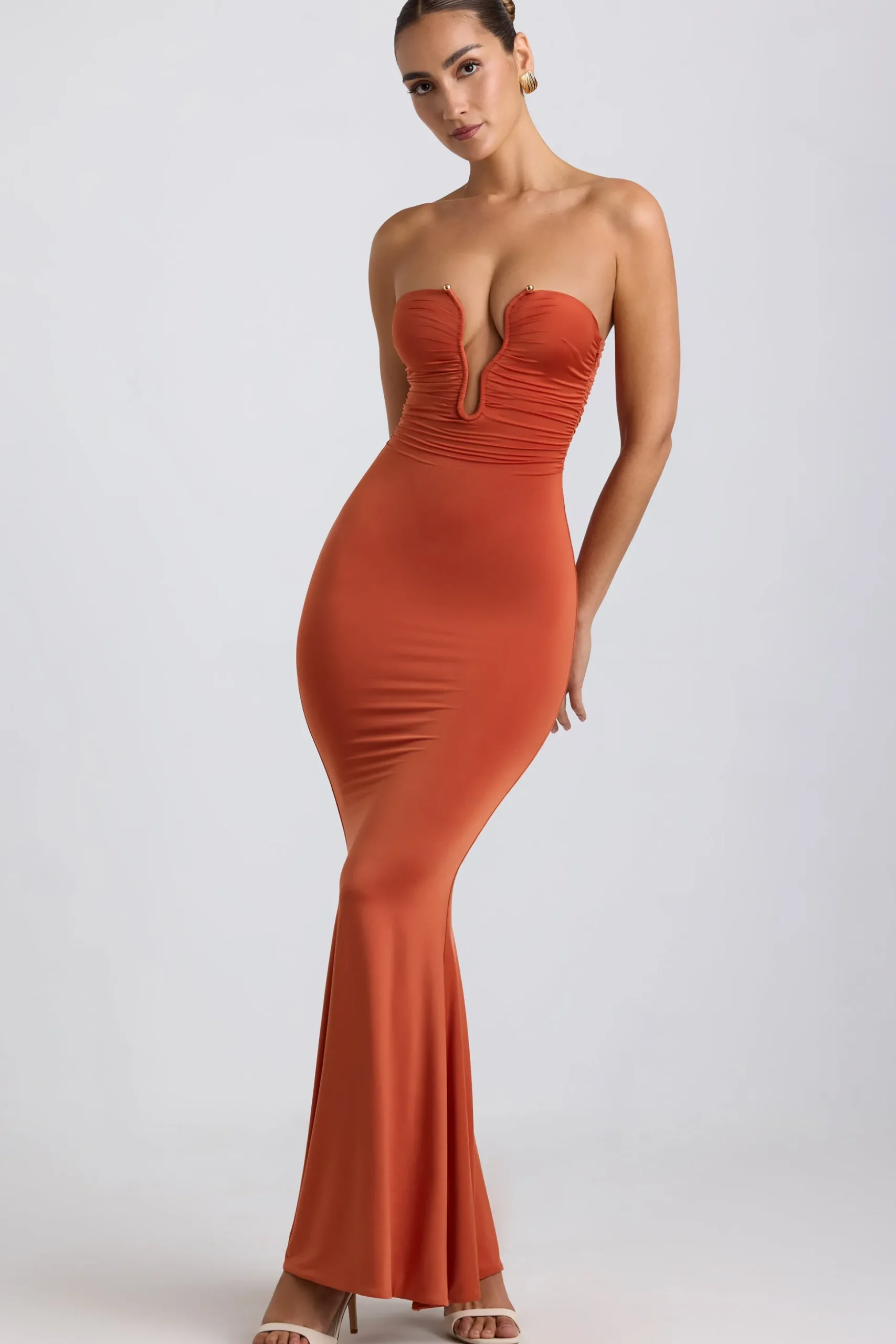 Oh Polly Wedding Guest^Slinky Jersey Hardware Detail Strapless Maxi Dress in Burnt Orange BurntOrange
