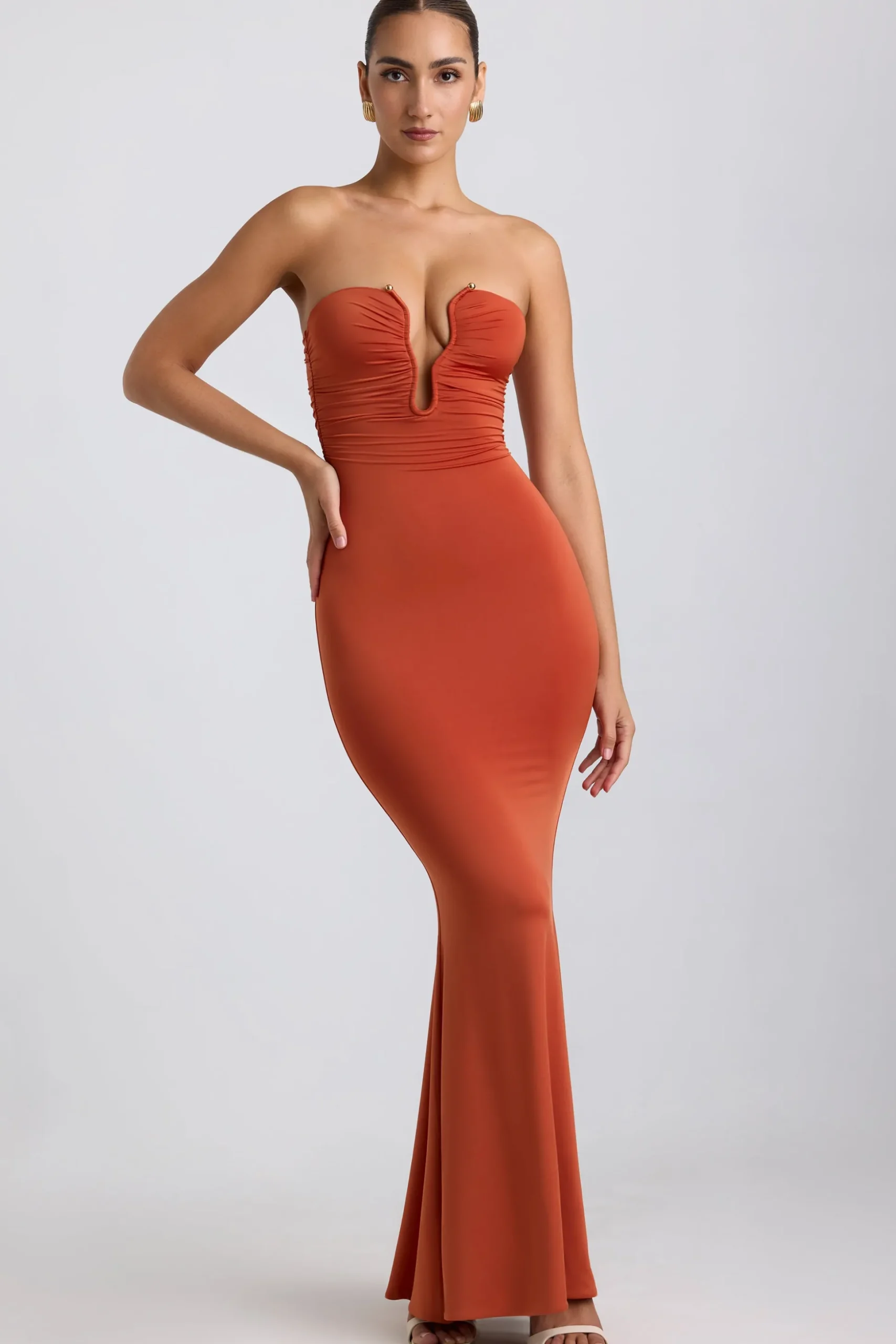 Oh Polly Wedding Guest^Slinky Jersey Hardware Detail Strapless Maxi Dress in Burnt Orange BurntOrange