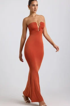 Oh Polly Wedding Guest^Slinky Jersey Hardware Detail Strapless Maxi Dress in Burnt Orange BurntOrange