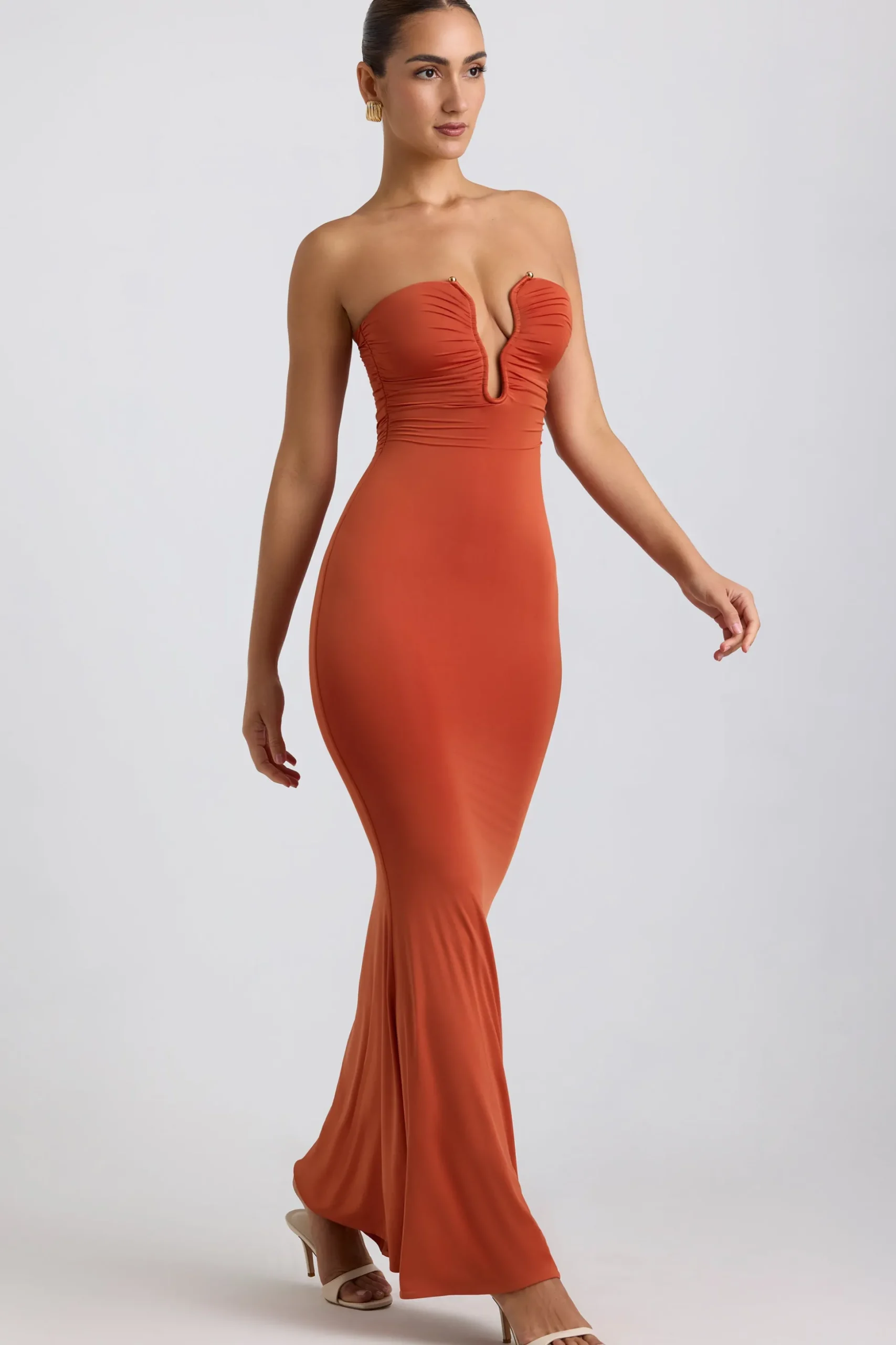 Oh Polly Wedding Guest^Slinky Jersey Hardware Detail Strapless Maxi Dress in Burnt Orange BurntOrange