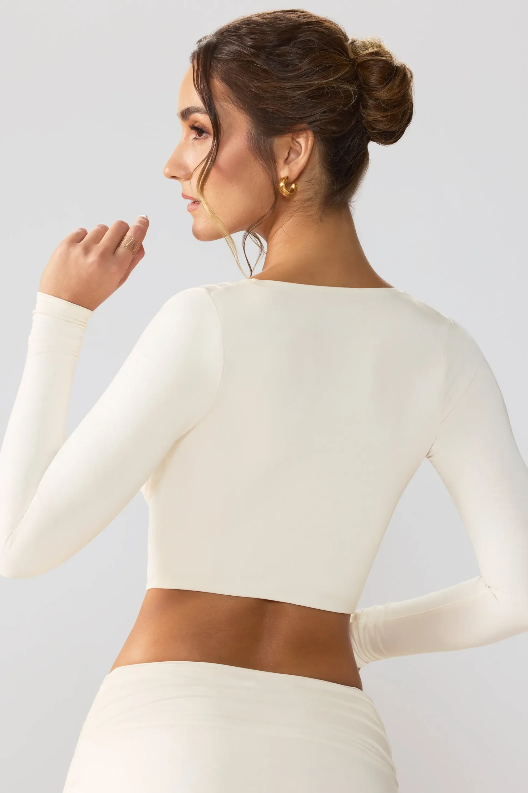 Oh Polly Women'S Clothing Sale - $65 And Under | Women'S Clothing Sale - $40 And Under^Slinky Jersey Plunge Neck Long Sleeve Crop Top Top in Ivory