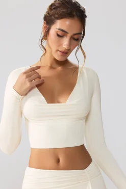 Oh Polly Women'S Clothing Sale - $65 And Under | Women'S Clothing Sale - $40 And Under^Slinky Jersey Plunge Neck Long Sleeve Crop Top Top in Ivory