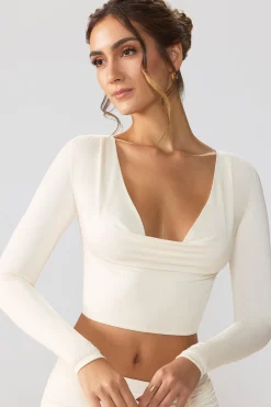 Oh Polly Women'S Clothing Sale - $65 And Under | Women'S Clothing Sale - $40 And Under^Slinky Jersey Plunge Neck Long Sleeve Crop Top Top in Ivory